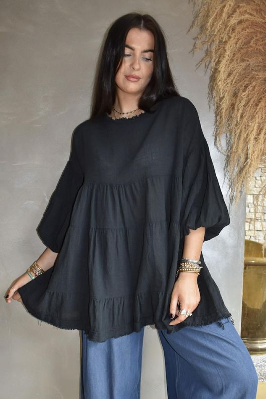 Driftwood Bell Sleeve Smock Top Black /10=